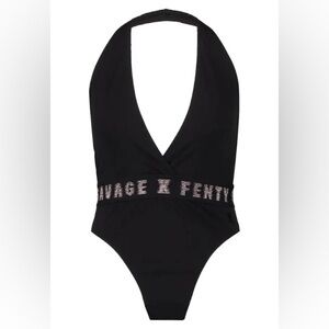 Savage X Fenty Rose Gold Logo Halter Plunge Bodysuit Black Caviar NWT